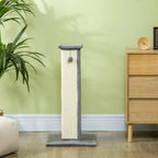 Standalone vertical cat scratcher post with sisal rope, grey plush edges, and dark base