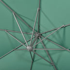 Green umbrella canopy with central hub and metal ribs, underside view