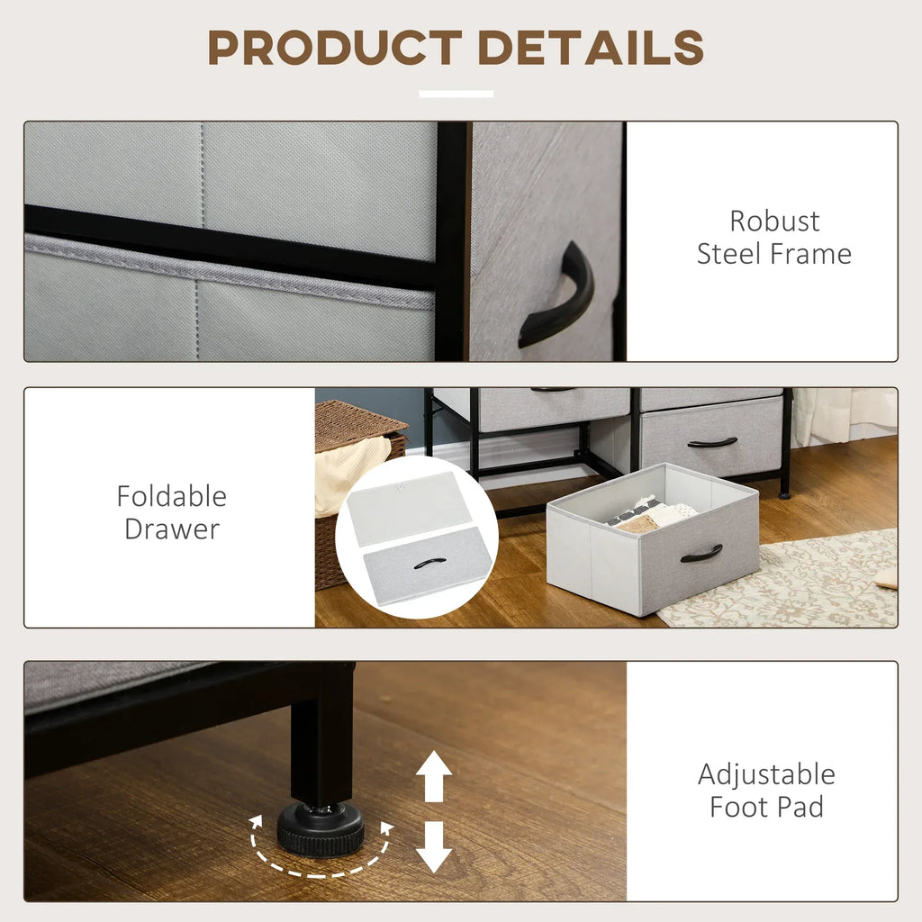 Fabric Chest of Drawers, Storage Drawers, Industrial Bedroom Dresser with 6 Fabric Drawers, Steel Frame and Wooden Top for Nursery, Living Room, Hallway, Grey - Bobobiy