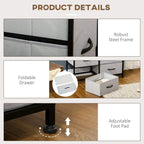 Steel-framed grey fabric drawer dresser with foldable drawer and adjustable foot pad