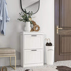 White two-drawer shoe cabinet with two doors, black handles, and open interior for shoes