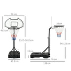 Adjustable height basketball hoop stand layout with black pole and white backboard