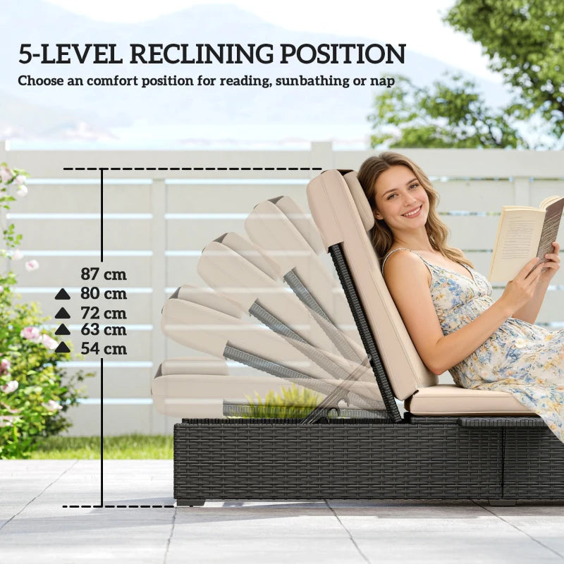 Black 5-level reclining sun lounger with beige cushion and side tray