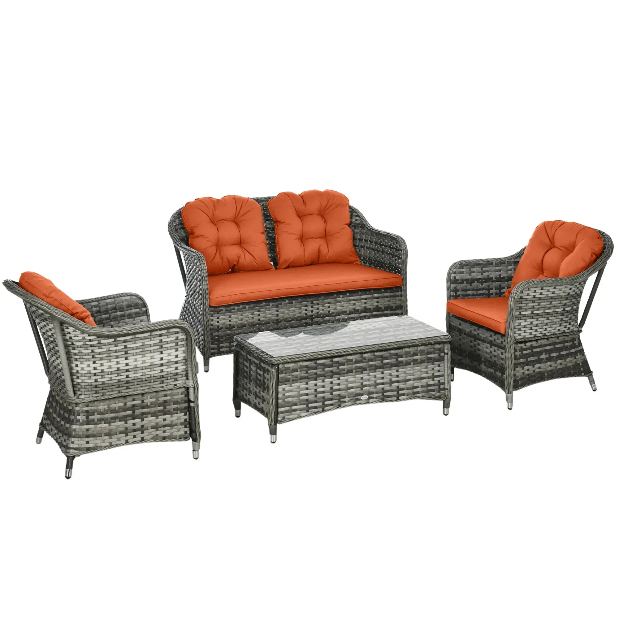 Four-Piece Rattan Sofa Set, with Glass-Top Table - Orange - Bobobiy