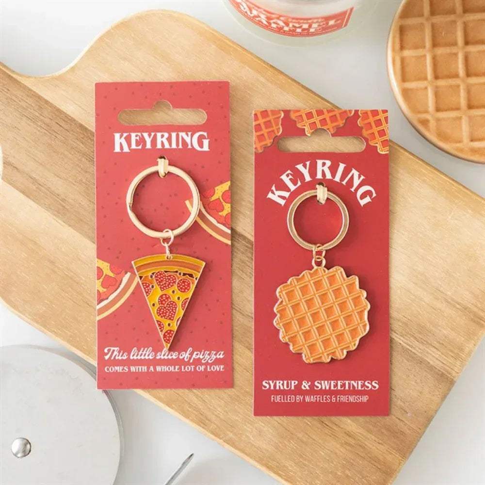 Waffle keyring package showing orange waffle charm and metal ring