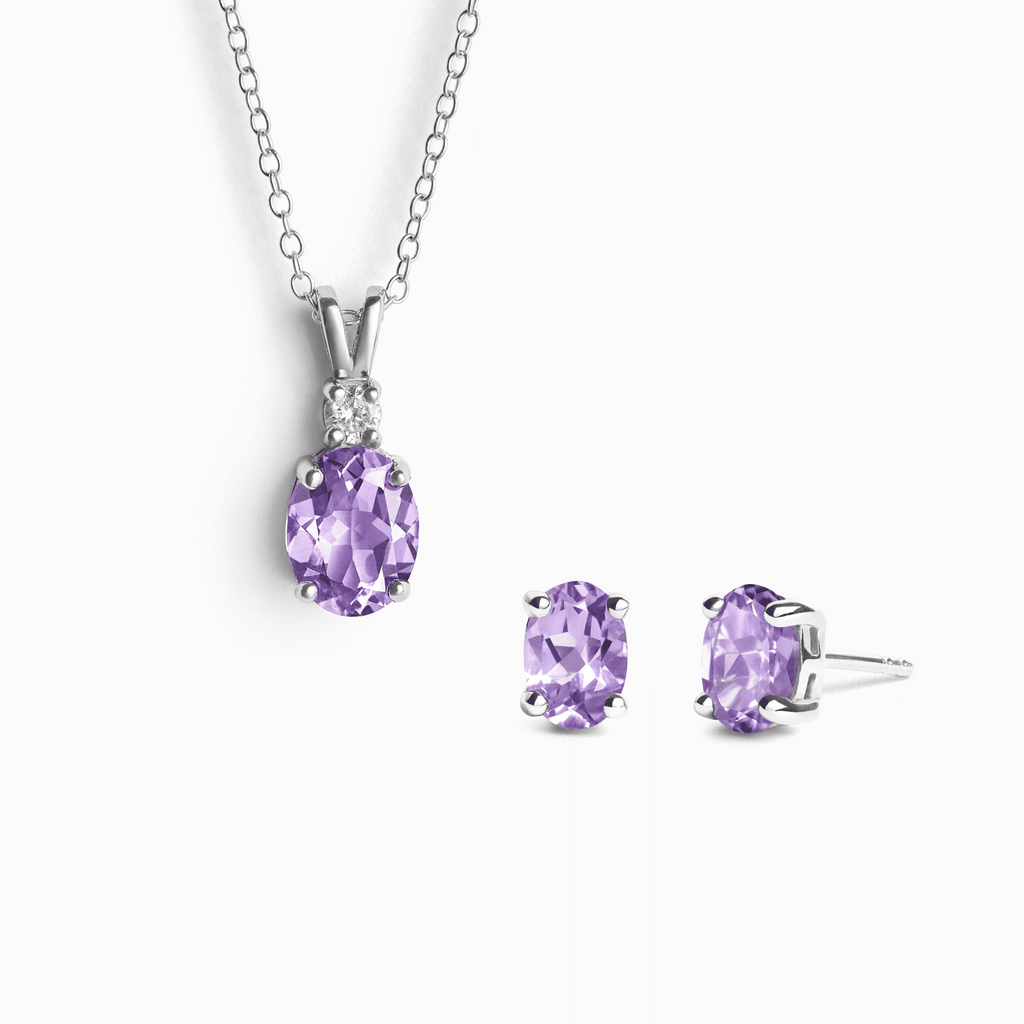 Amethyst pendant necklace and amethyst stud earrings, sterling silver jewelry set