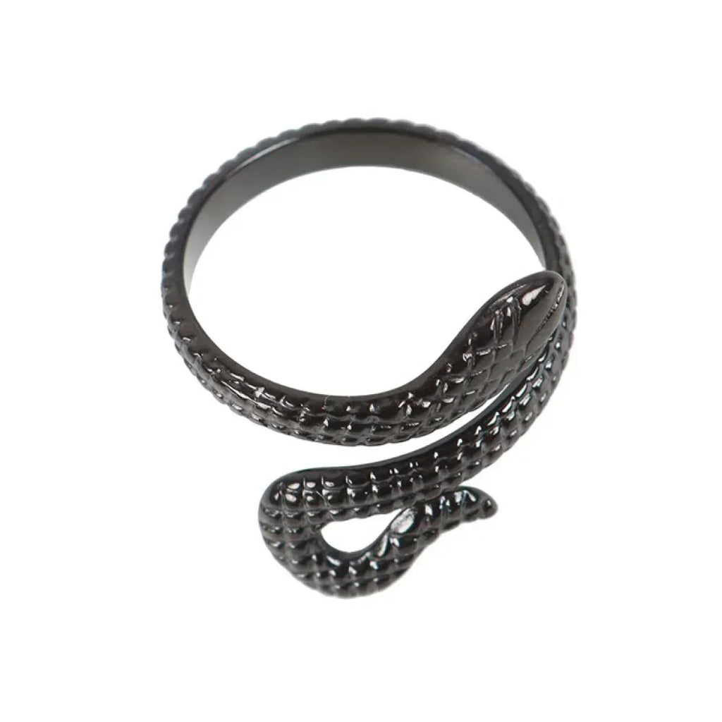 Black textured adjustable snake ring with open-hook tail end