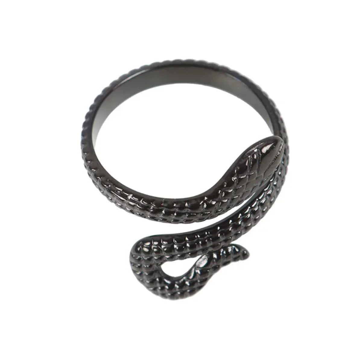 Black textured adjustable snake ring with open-hook tail end