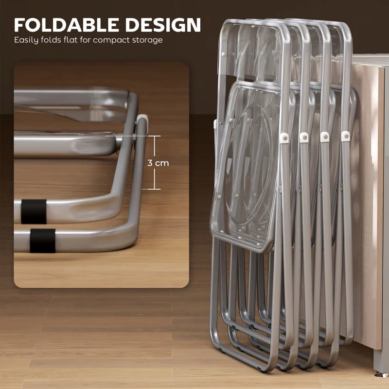 Stacked clear folding chairs with transparent backrests, steel frames