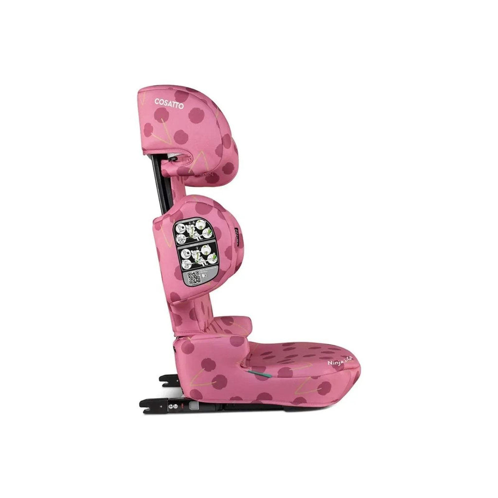 Cherry Pie patterned child car seat angled side view with harness and foot support