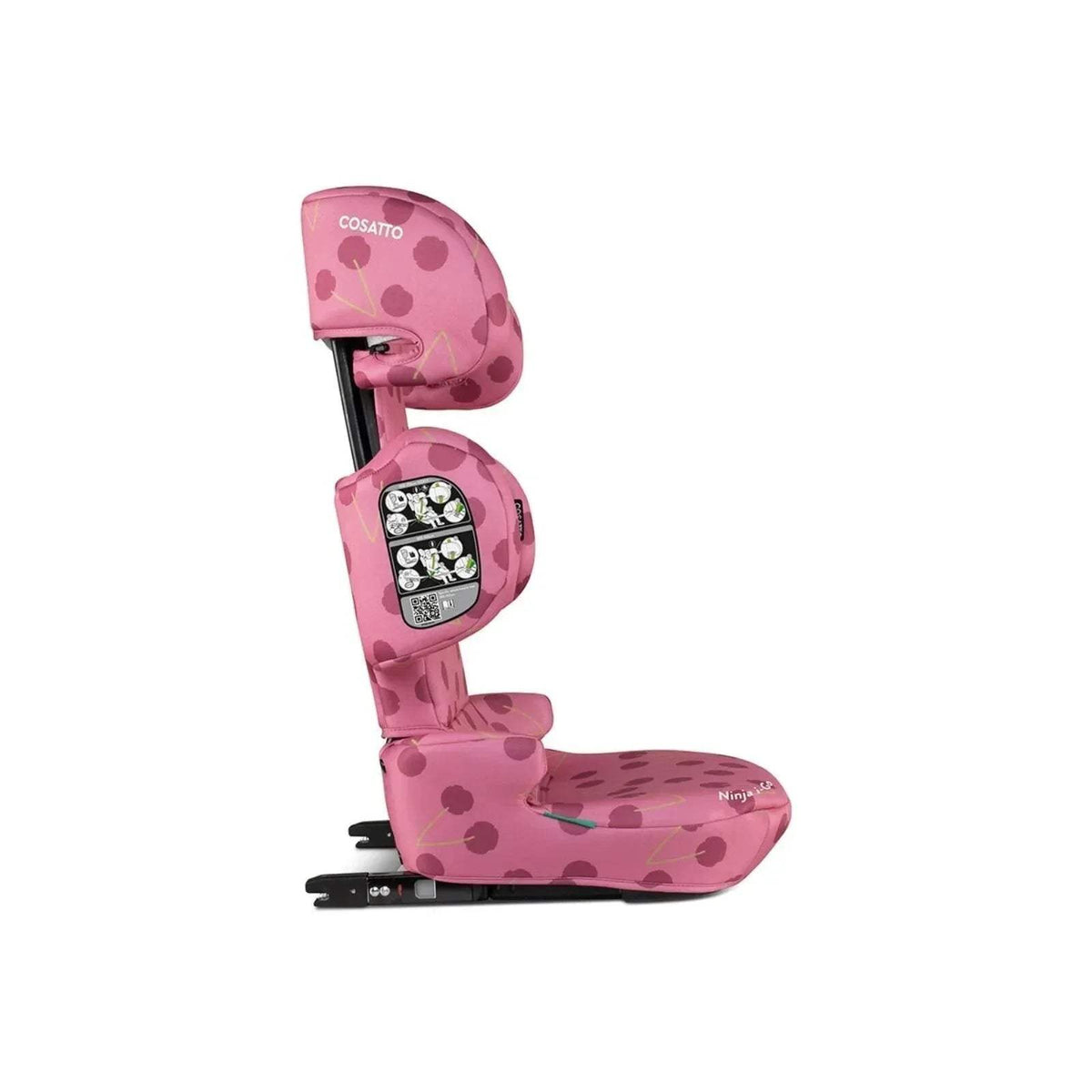 Cherry Pie patterned child car seat angled side view with harness and foot support