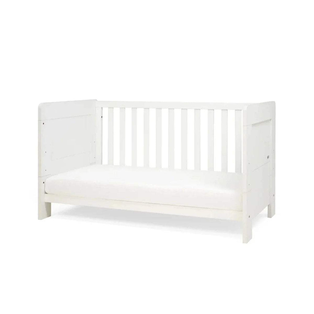 White mini cot bed with panel ends and vertical rail slats