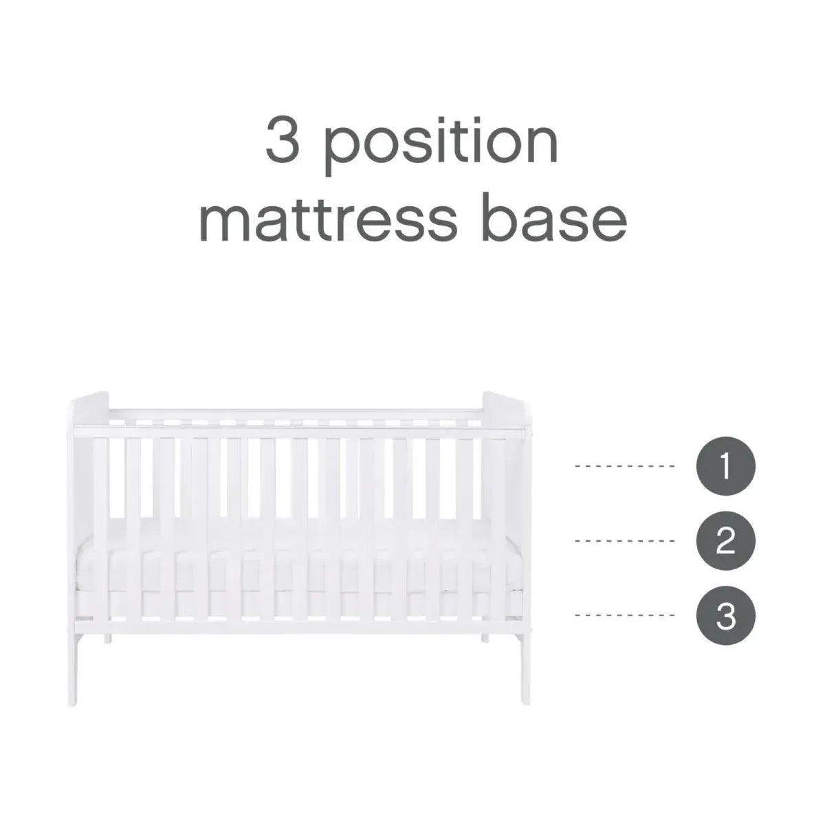White cot bed with three-position mattress base illustration markings