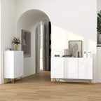 Pair of white high-gloss sideboards with diamond panels and gold hairpin legs