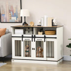 White dog crate bench furniture with open front and black bar doors, divider included
