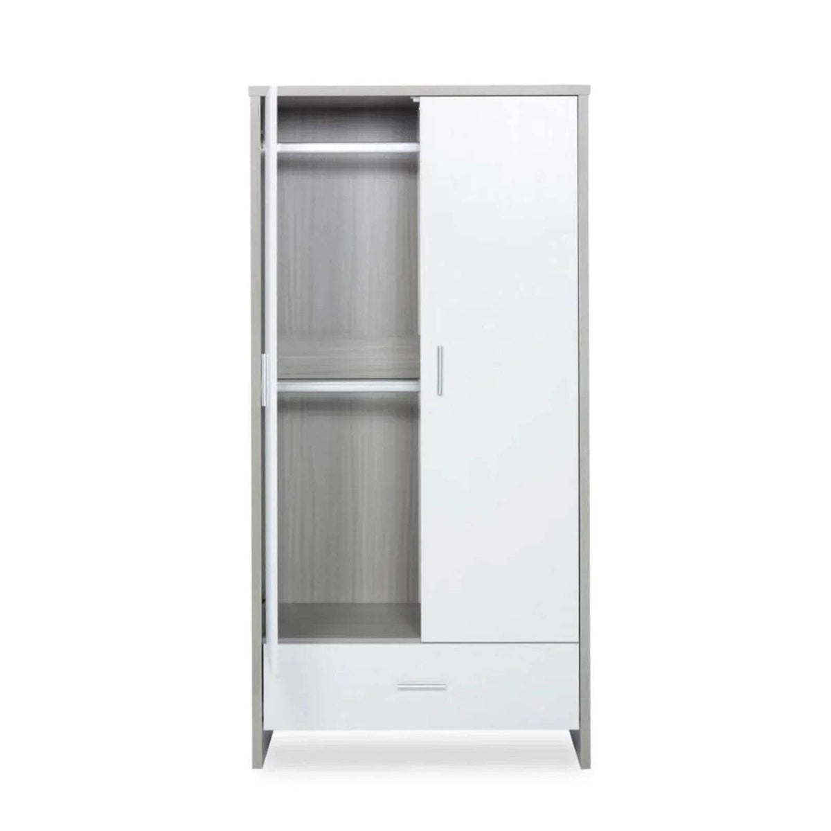 Open wardrobe door revealing interior shelves, ash grey back panels and white cabinet frame