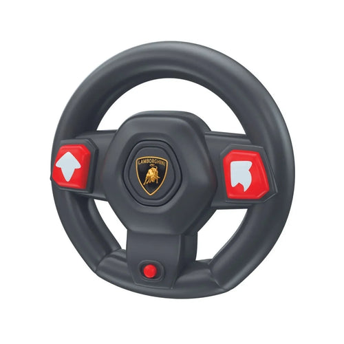 Black remote-control steering wheel with red buttons and Lamborghini emblem at center