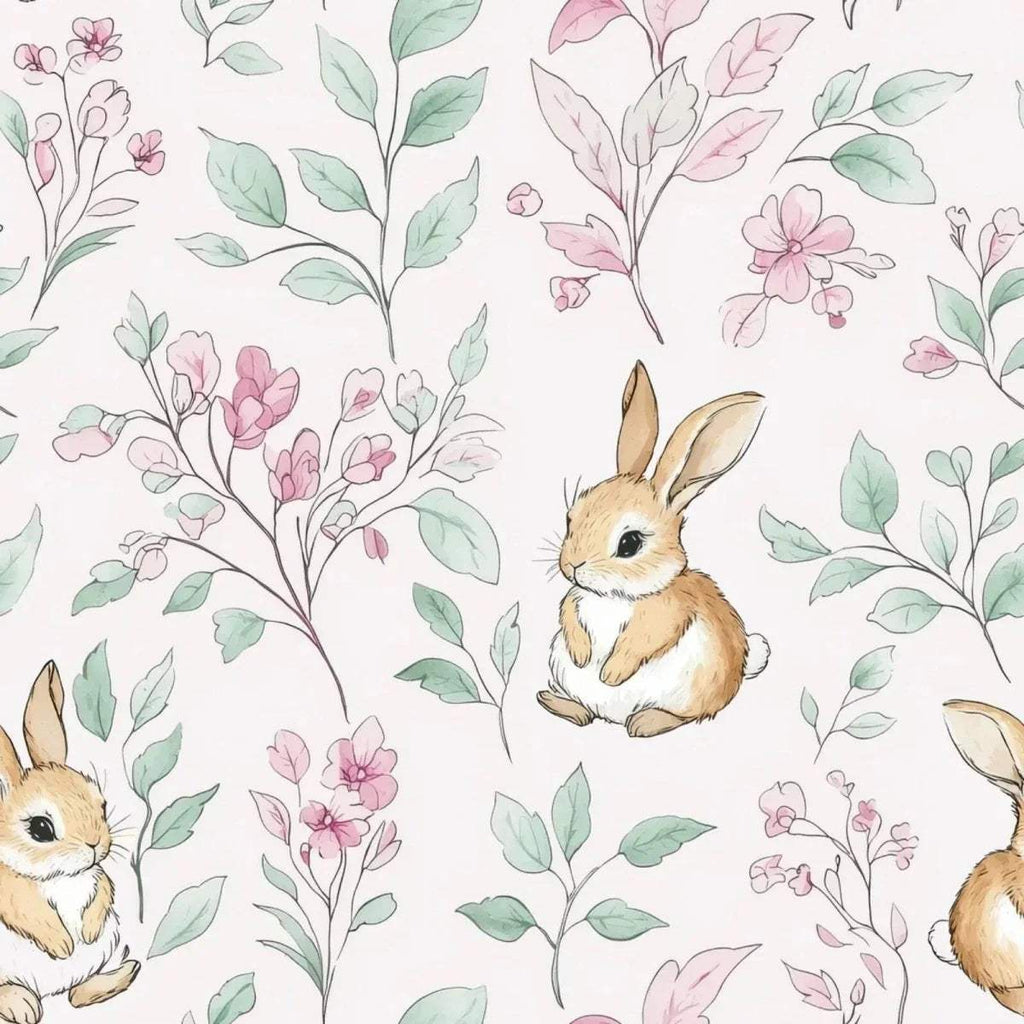Rabbit print wall panel with pink flowers and green leaves, close-up bunny faces