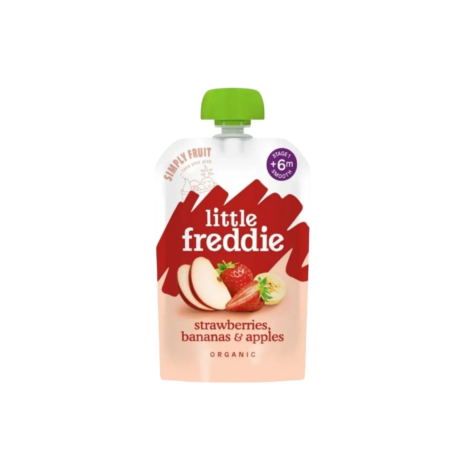 Organic fruit baby food pouch, strawberries bananas apples front, green cap