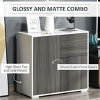 Grey sideboard cabinet with high-gloss top and wood-grain door and drawer fronts