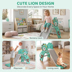 Lion-themed indoor kids slide and basketball hoop in a living room setting