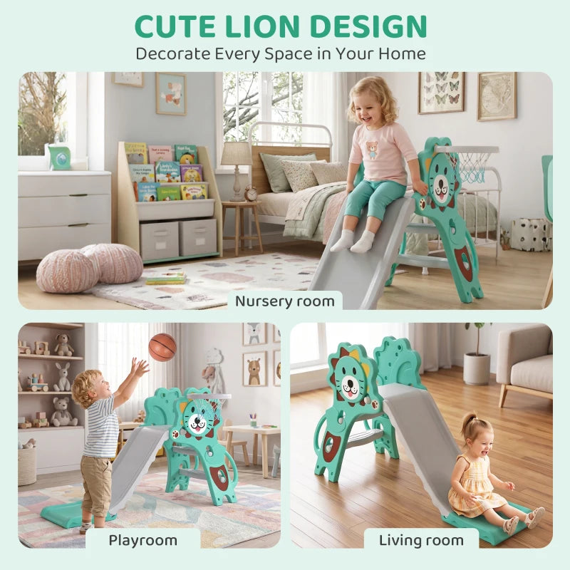 Lion-themed indoor kids slide and basketball hoop in a living room setting