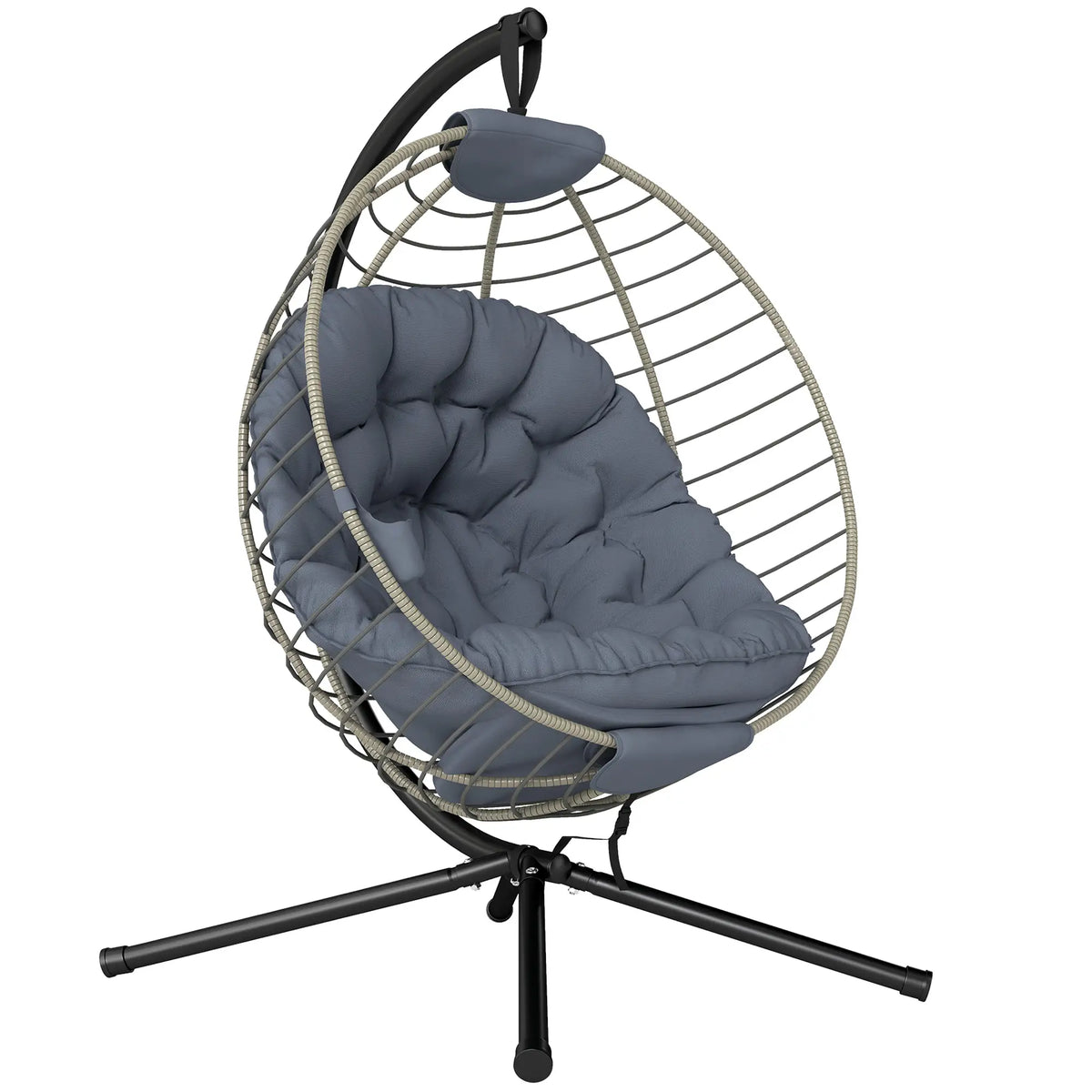 Outsunny PE Rattan Swing Chair, Outdoor Hanging Chair with Metal Stand, Thick Padded Cushion, Foldable Basket and Cup