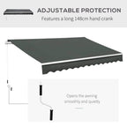 Dark grey manual retractable awning canopy with scalloped valance and hand crank.