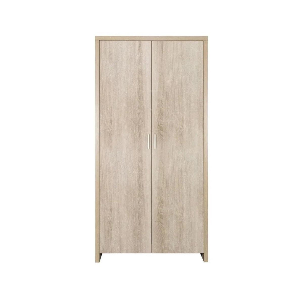 Oak wardrobe with two vertical doors, slim silver handles, and flat base feet