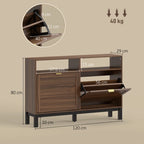 Rustic brown narrow shoe cabinet with right flip drawer open, interior shelves visible