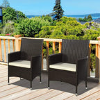 Outdoor patio dining chairs, set of 2, dark rattan weave with cream cushions and armrests