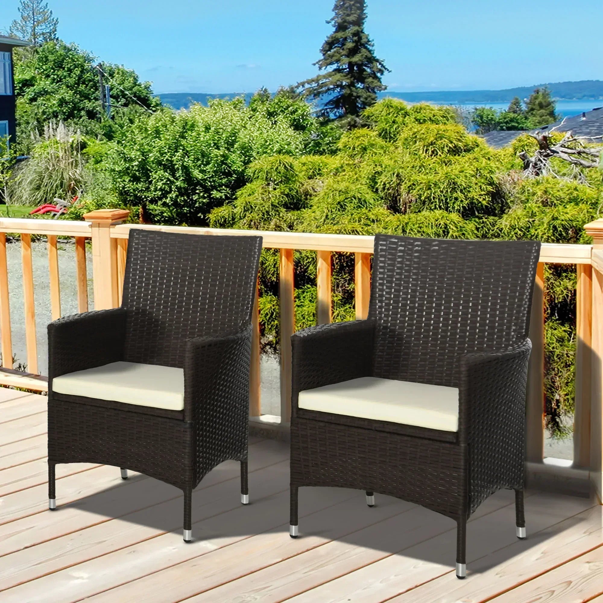 2 Pieces Outdoor PE Rattan Dining Chairs Set with Cushion, Garden Armchair with Armrests, High Backrest, Metal Frame Patio Wicker Furniture, Coffee - Bobobiy