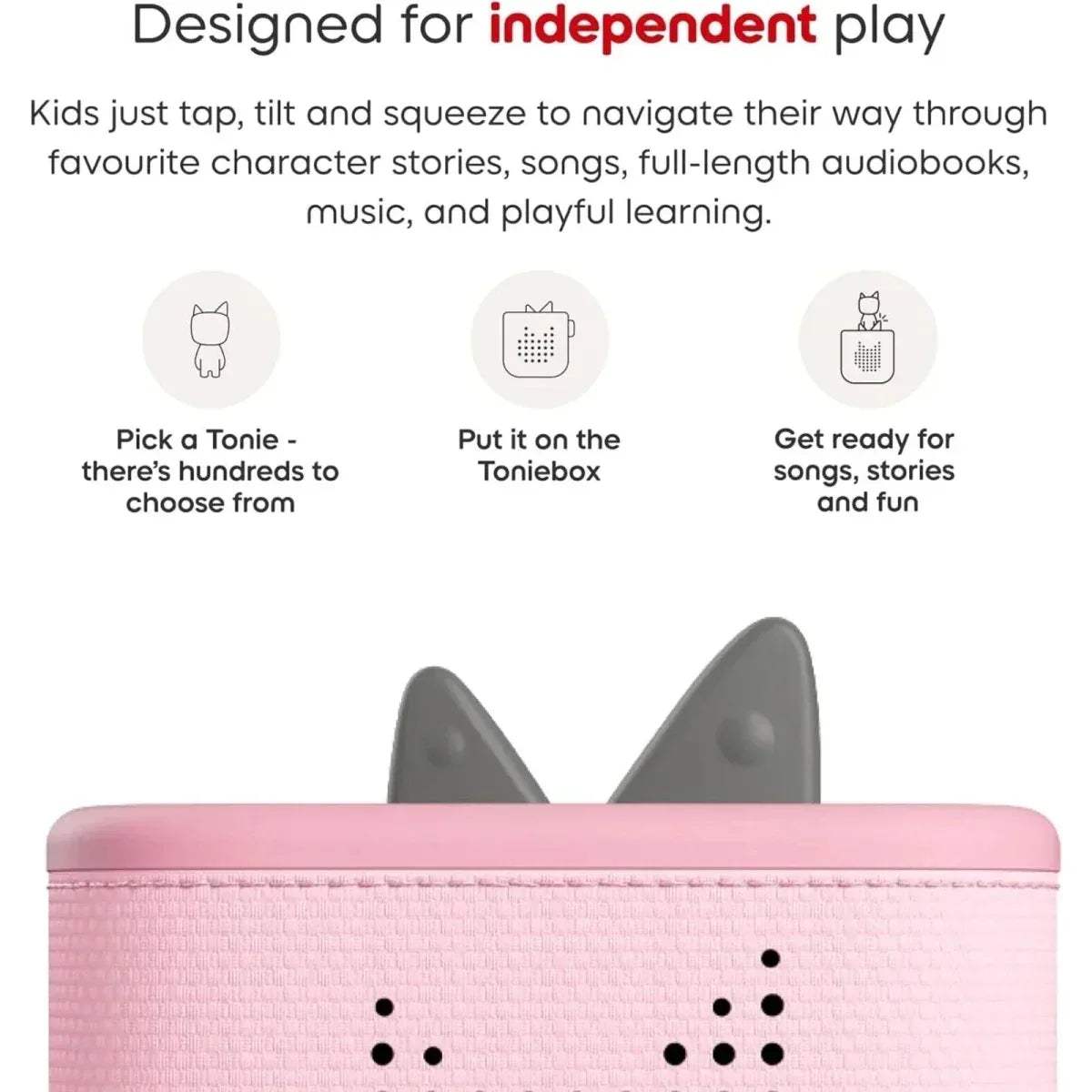 Pink Toniebox 2 close-up with gray ear buttons and top control ring