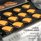 Black grill grates with burger patties and melted cheese on cooking surface