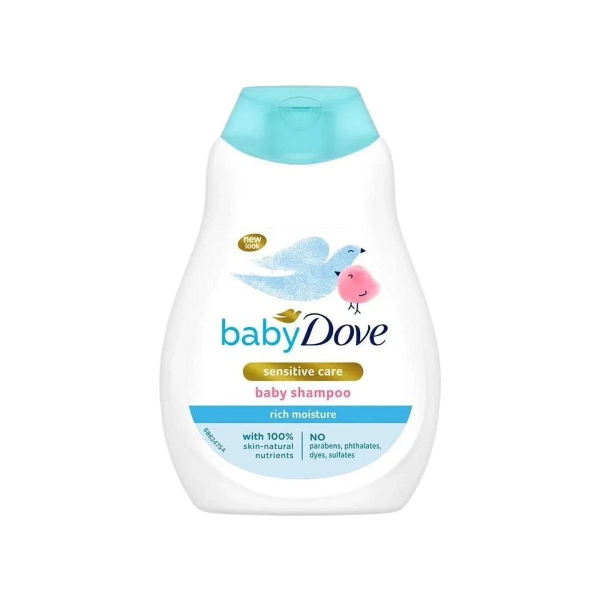 Baby Dove baby shampoo bottle, white with blue cap and bird graphic