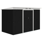 Dark grey metal garden shed with double doors and vented roof panel, front view