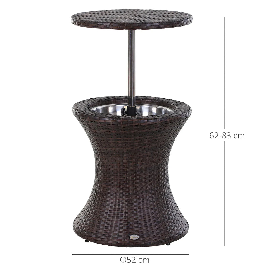 PE Rattan Ice Bucket Table, Height Adjustable Liftable Outdoor Drinks Cooler, 52 cm Round Garden Beer Cocktail Table with Lid for Bar, Patio, Terrace, Brown - Bobobiy