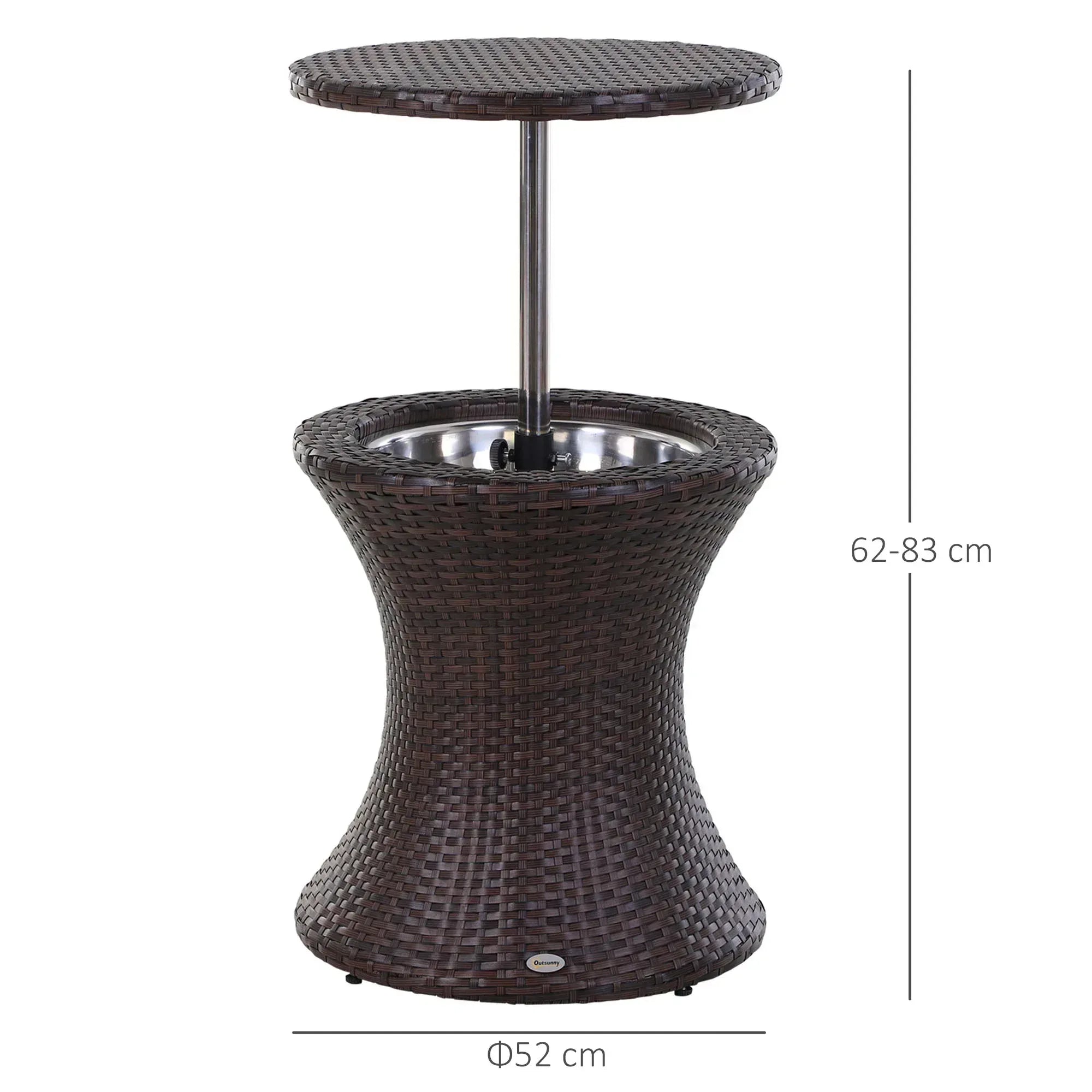 PE Rattan Ice Bucket Table, Height Adjustable Liftable Outdoor Drinks Cooler, 52 cm Round Garden Beer Cocktail Table with Lid for Bar, Patio, Terrace, Brown - Bobobiy