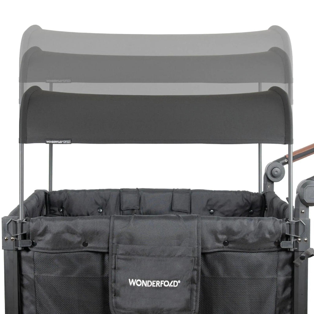 Jet black stroller wagon canopy with front storage panel and mesh side pockets