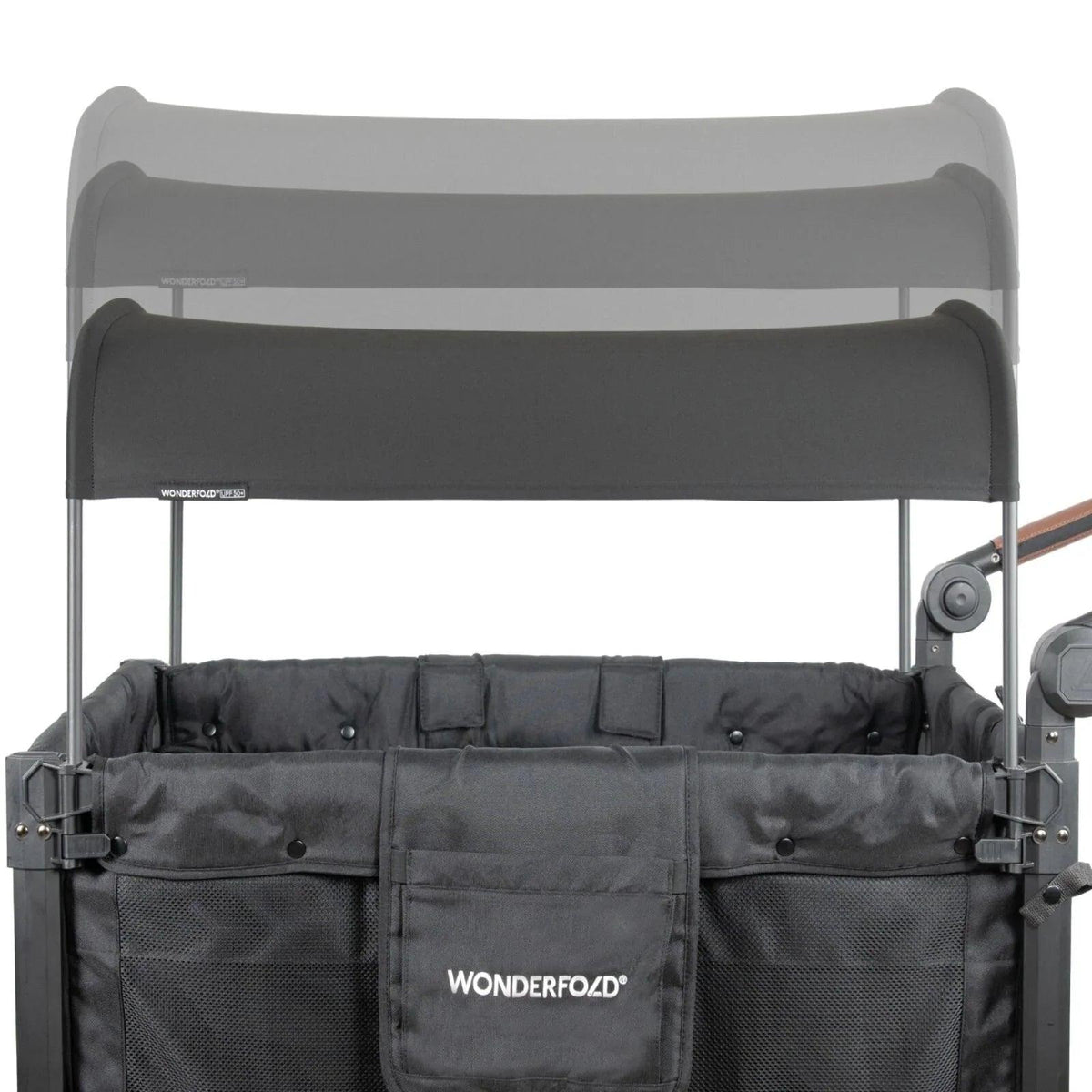 Jet black stroller wagon canopy with front storage panel and mesh side pockets