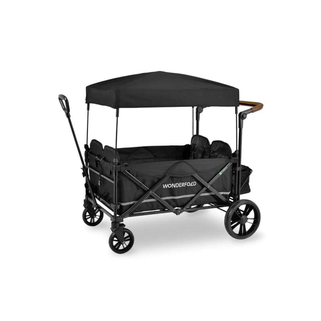 Black quad stroller wagon with canopy and push/pull handle, front-facing wheel set