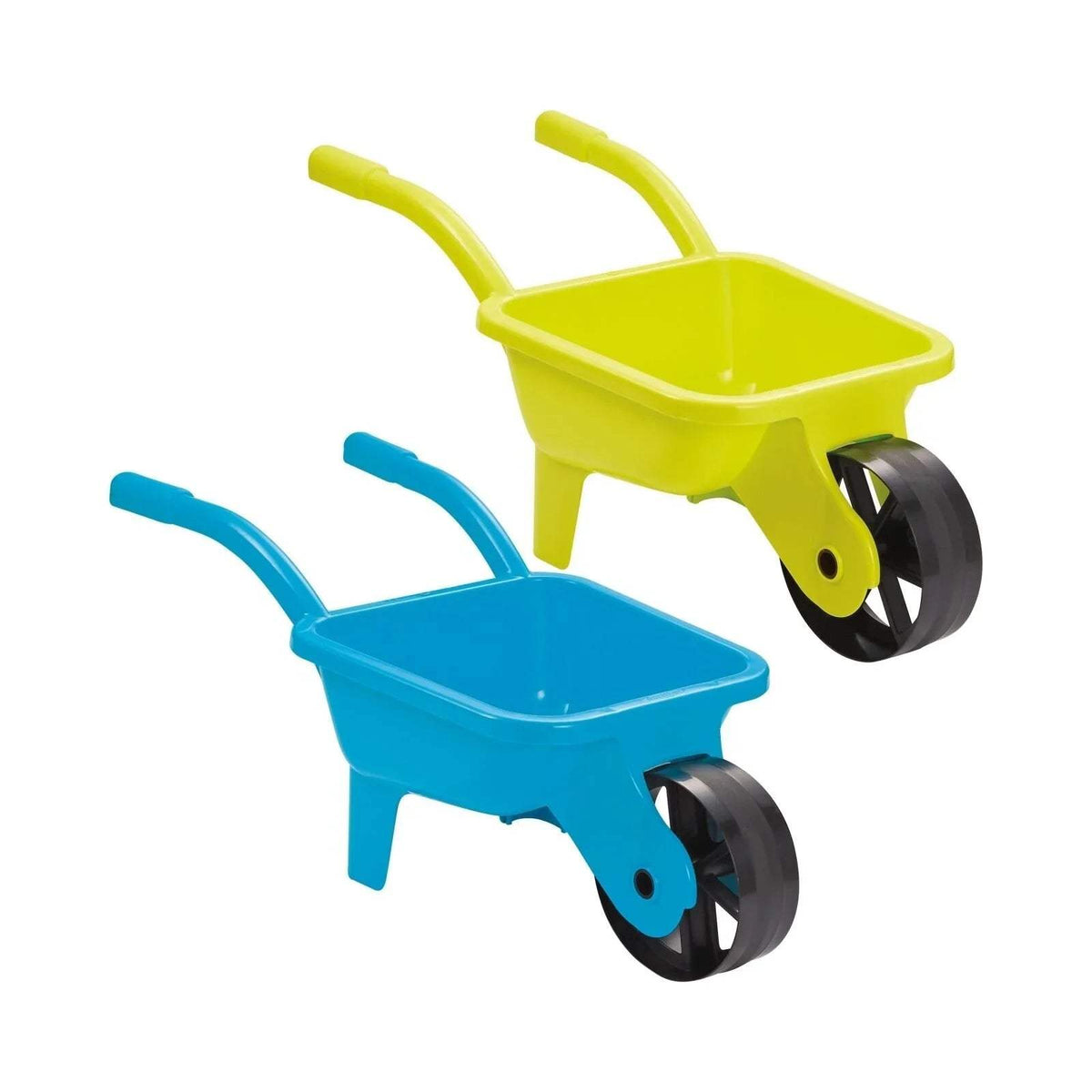 Ecoiffier plastic wheelbarrow set with yellow and blue tubs, black wheels