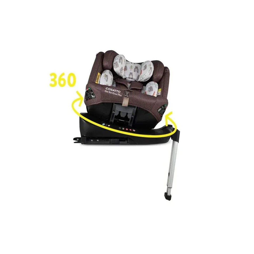 Cosatto brown car seat with 360 rotation, bear-print headrest inserts