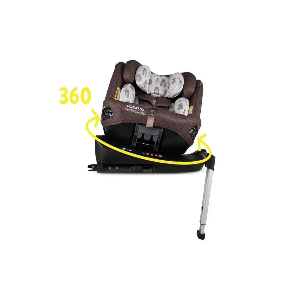 Cosatto brown car seat with 360 rotation, bear-print headrest inserts