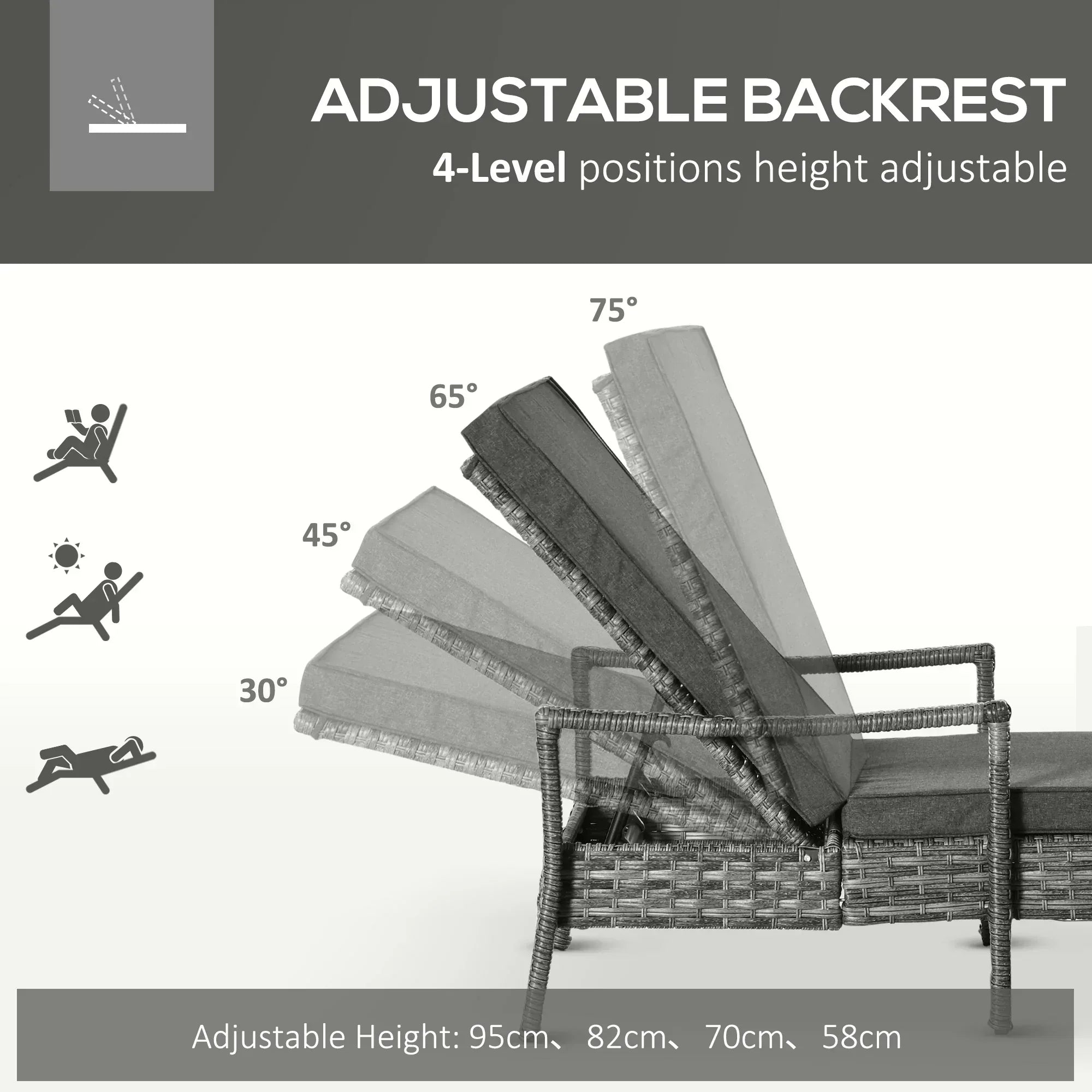 PE Rattan Sun Loungers set of 2 with Cushion, Outdoor 2 Pieces Garden Sunbed Furniture with 4-Level Recliner Backrest, and Armrest, Grey - Bobobiy