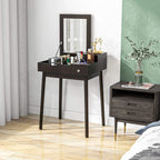 Black dressing table with flip-up mirror and two drawers on pine wood legs