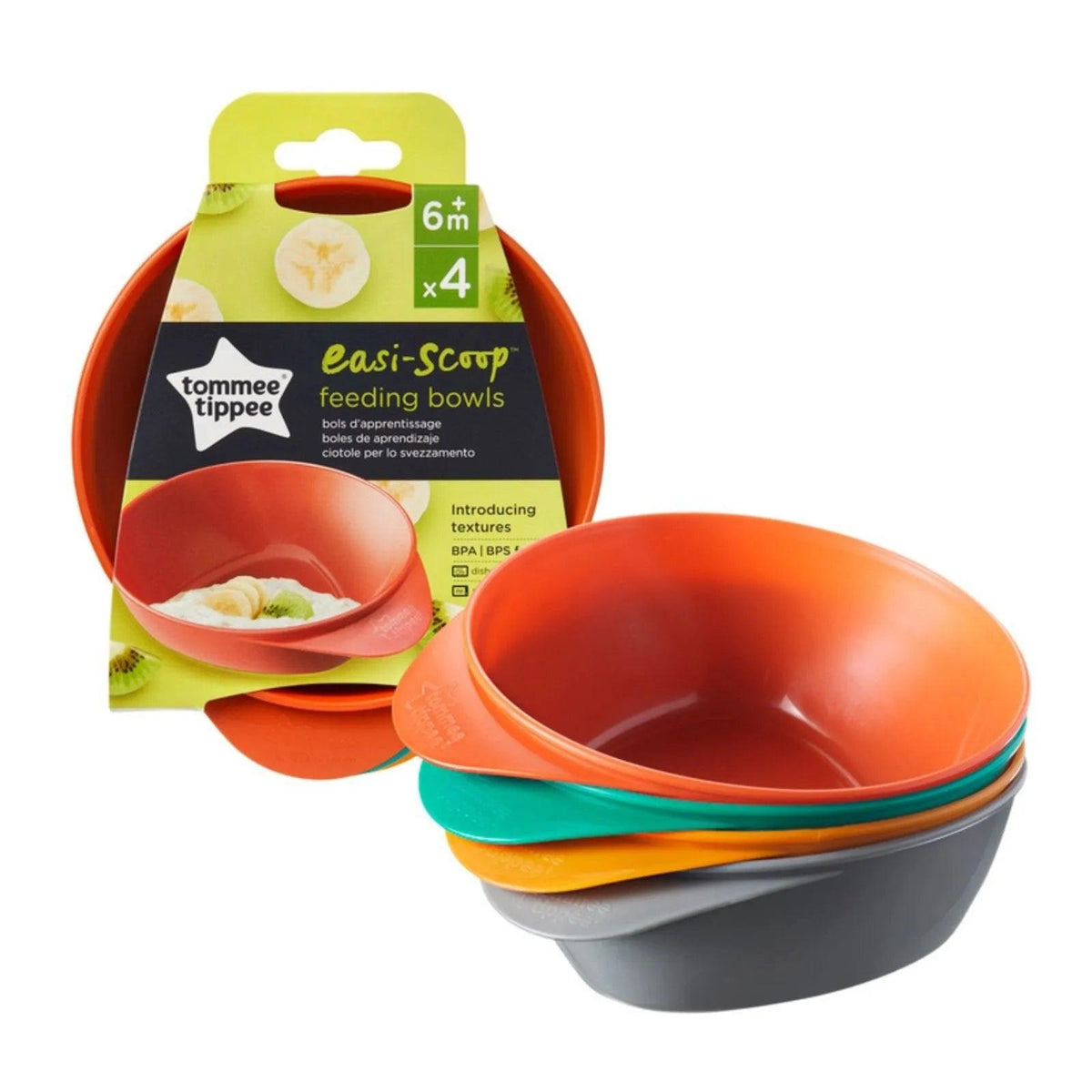 Tommee Tippee Easi-Scoop feeding bowls, 4-pack: orange, red, gray, teal bowls