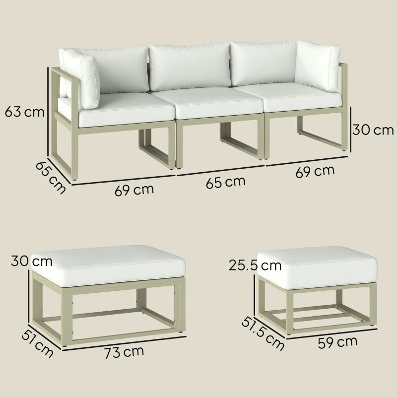 Cream outdoor sectional daybed sofa set with ottomans and back cushions, size layout
