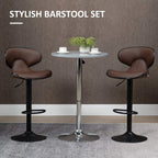 Set of 2 adjustable swivel bar stools with brown padded seats, curved backrests, black bases