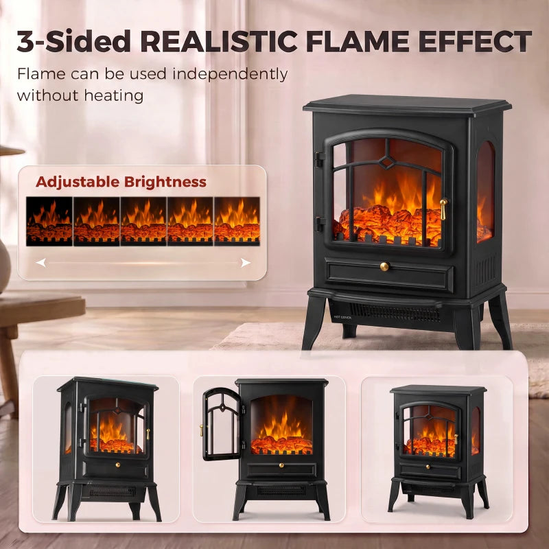Black electric fireplace stove with three-sided flame window and adjustable brightness